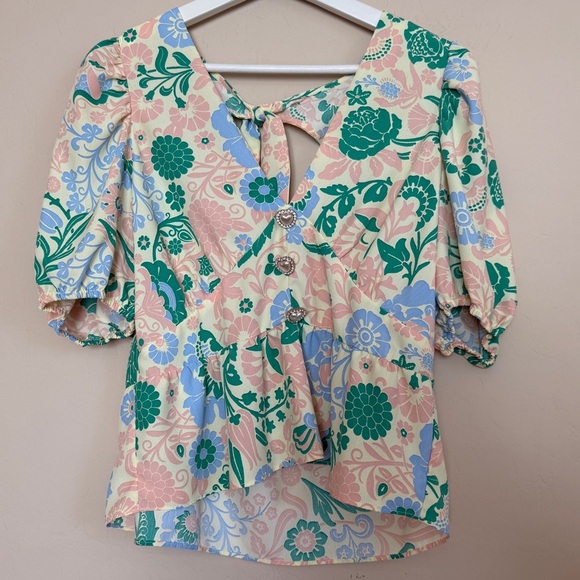 River Island ASOS floral women blouse top ruffle pearl heart buttons Size 14 - Picture 1 of 9